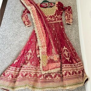 Red and Gold Anarkali Style Formal Peshwas Set with Dupatta and Pants- 3 piece